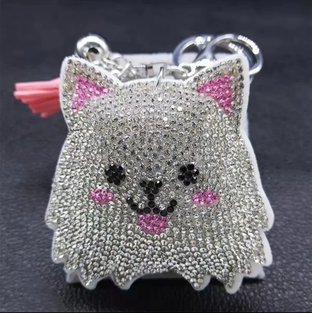 Bling Pomeranian Dog Crystal Rhinestone Keychain Bag Charm With Pink Tas…